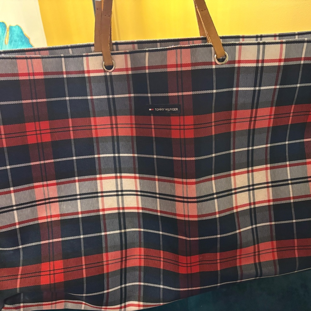 Tommy Hilfiger Checkered Tote with Leather Accents